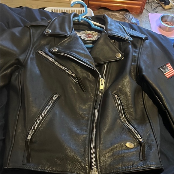 Black Leather Biker Jacket with American Flag Patch - Picture 1 of 1